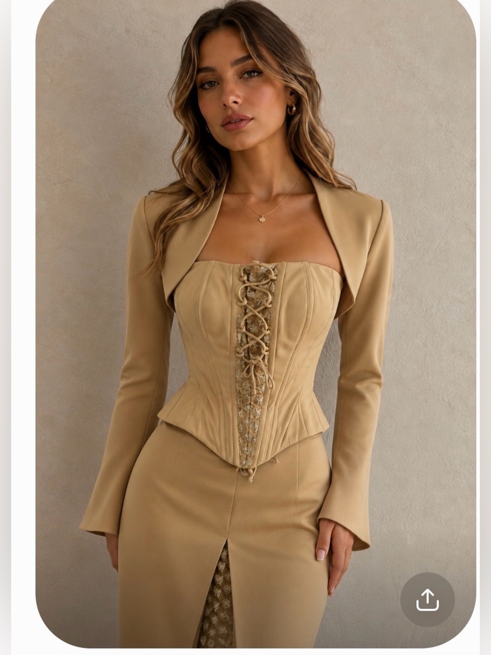 3 Piece Set: Skirt, Strapless Corset Top and Bolero in Champagne Beige